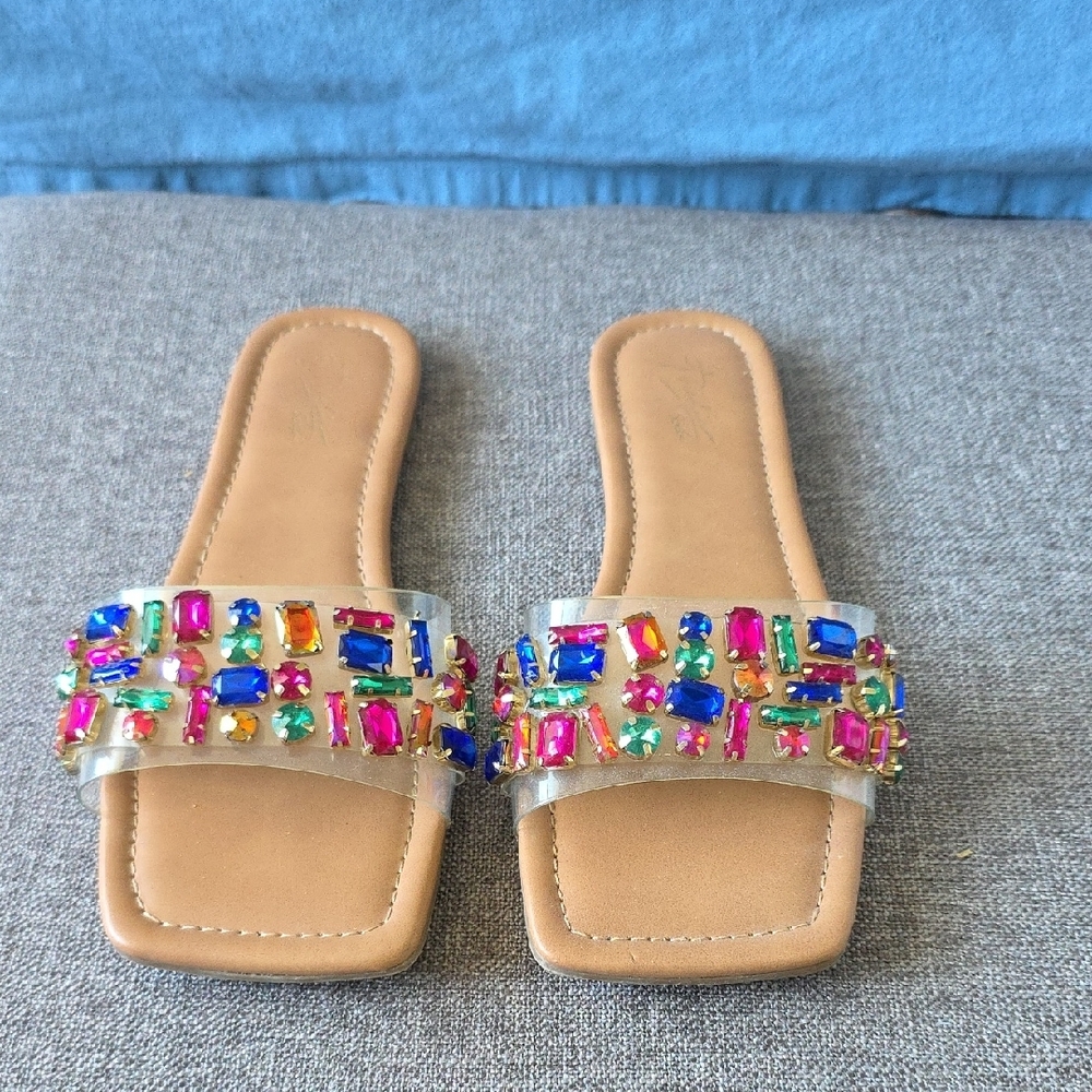 Thalia Sodi Tan and Blue Sandals with Crystal Embellishments